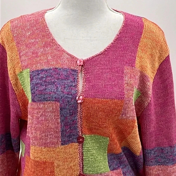 Sigrid Olsen Sport Linen Blend 3/4 Sleeve Patchwork Knit Cardigan - Small Petite - Picture 2 of 6